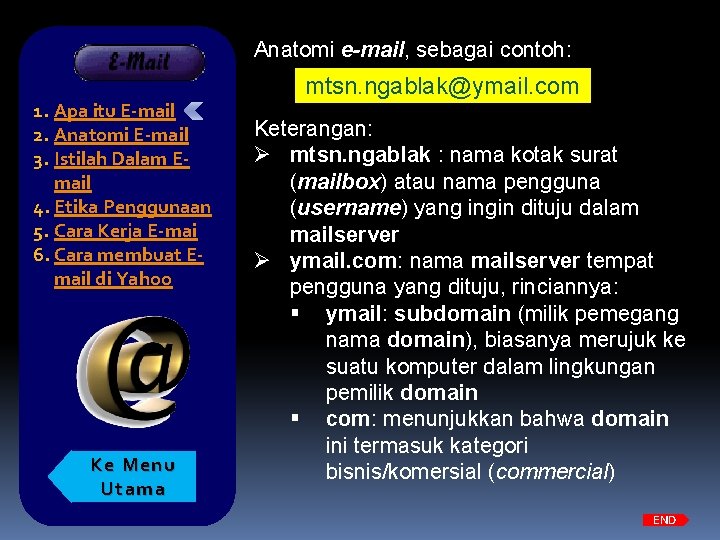 E-MAIL 1. Apa itu E-mail 2. Anatomi E-mail 3. Istilah Dalam Email 4. Etika