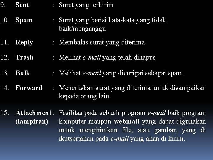 9. Sent : Surat yang terkirim 10. Spam : Surat yang berisi kata-kata yang
