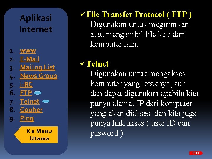 Aplikasi Internet 1. 2. 3. 4. 5. 6. 7. 8. 9. www E-Mailing List