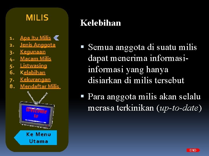 MILIS 1. 2. 3. 4. 5. 6. 7. 8. Apa Itu Milis Jenis Anggota
