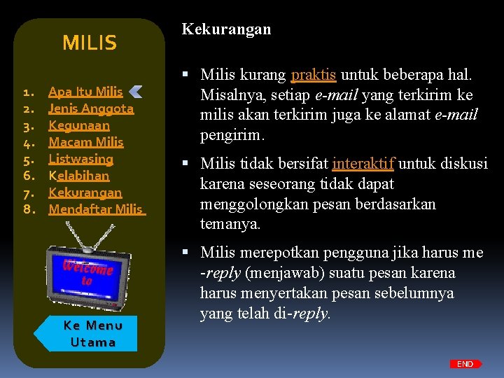 MILIS 1. 2. 3. 4. 5. 6. 7. 8. Apa Itu Milis Jenis Anggota