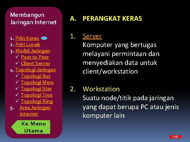 Membangun Jaringan Internet 1. Prkt Keras 2. Prkt Lunak 3. Model Jaringan ü Peer