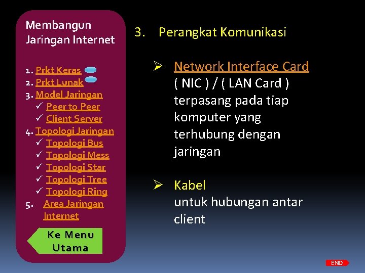 Membangun Jaringan Internet 1. Prkt Keras 2. Prkt Lunak 3. Model Jaringan ü Peer