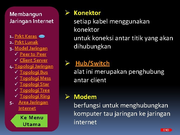 Membangun Jaringan Internet 1. Prkt Keras 2. Prkt Lunak 3. Model Jaringan ü Peer