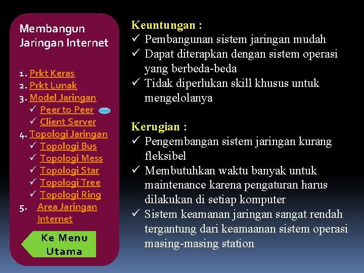 Membangun Jaringan Internet 1. Prkt Keras 2. Prkt Lunak 3. Model Jaringan ü Peer