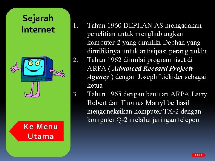 Sejarah Internet 1. 2. 3. Ke Menu Utama Tahun 1960 DEPHAN AS mengadakan penelitian