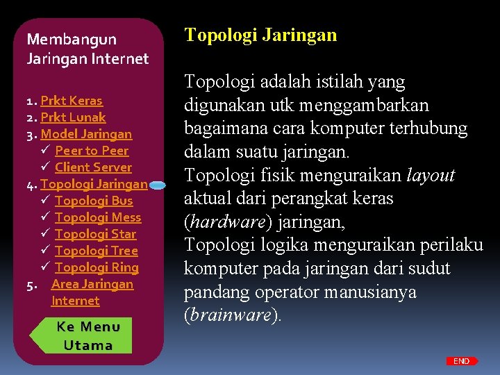 Membangun Jaringan Internet 1. Prkt Keras 2. Prkt Lunak 3. Model Jaringan ü Peer