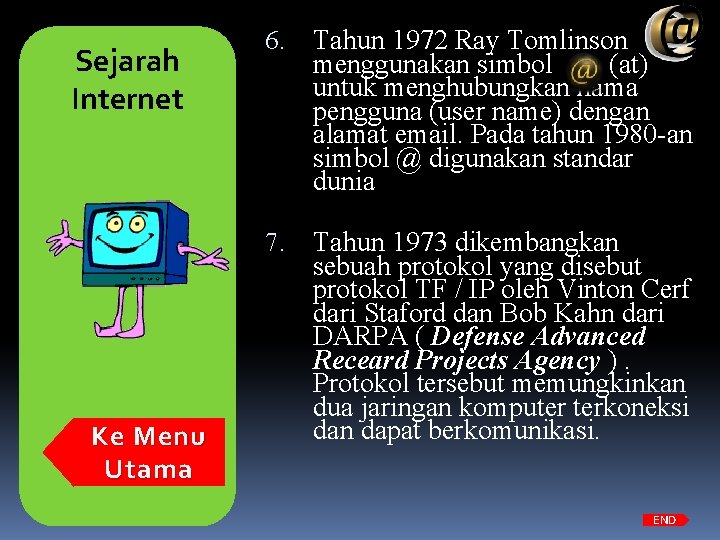 Sejarah Internet Ke Ke. Menu Utama 6. Tahun 1972 Ray Tomlinson menggunakan simbol (at)