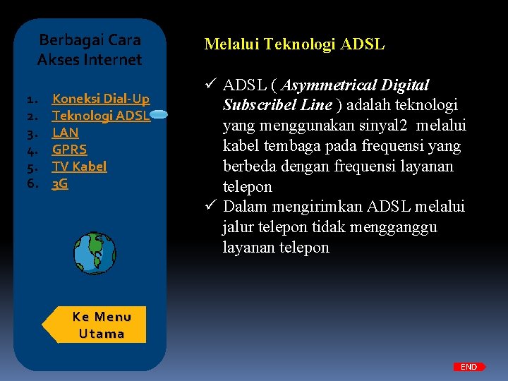 Berbagai Cara Akses Internet 1. 2. 3. 4. 5. 6. Koneksi Dial-Up Teknologi ADSL