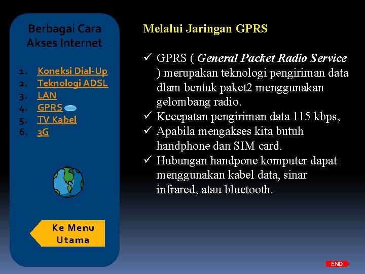 Berbagai Cara Akses Internet 1. 2. 3. 4. 5. 6. Koneksi Dial-Up Teknologi ADSL