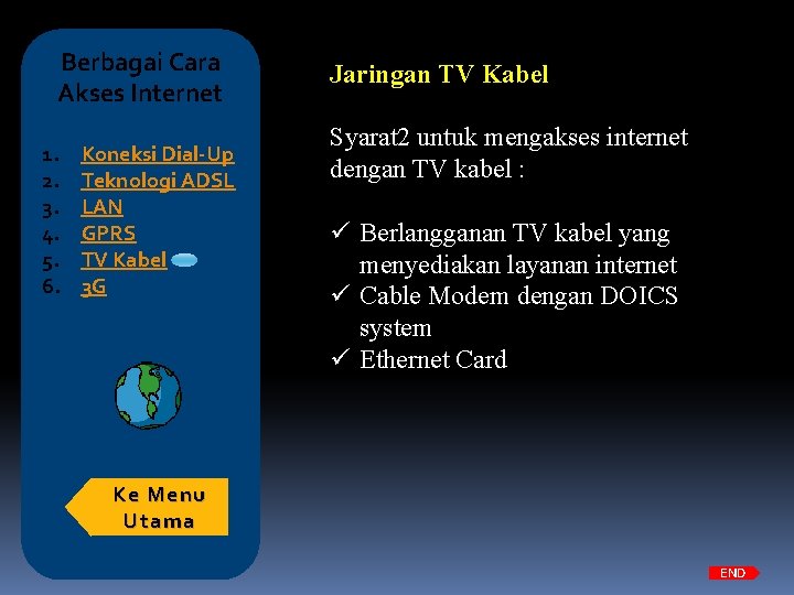 Berbagai Cara Akses Internet 1. 2. 3. 4. 5. 6. Koneksi Dial-Up Teknologi ADSL