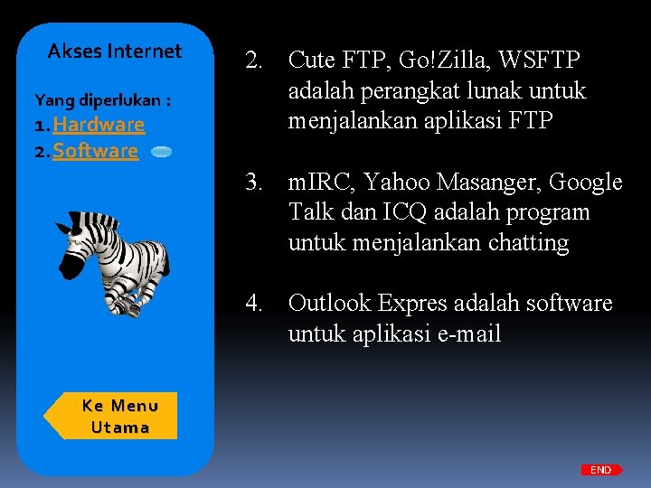 Akses Internet Yang diperlukan : 1. Hardware 2. Software 2. Cute FTP, Go!Zilla, WSFTP