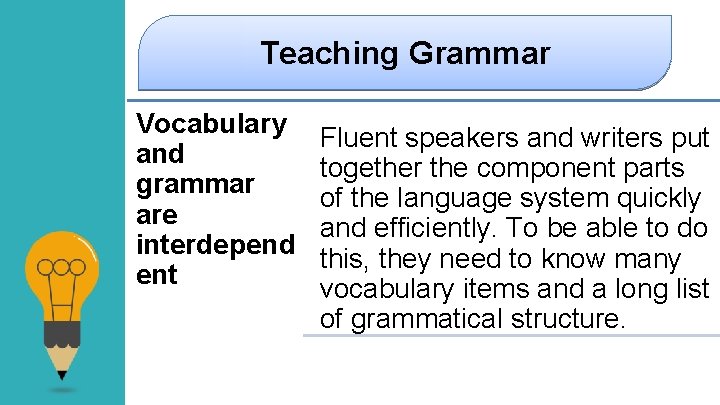 Teaching Grammar Vocabulary and grammar are interdepend ent Fluent speakers and writers put together