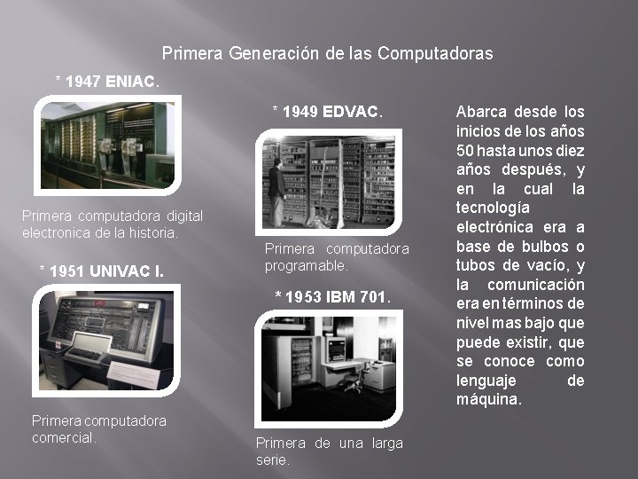 Primera Generación de las Computadoras * 1947 ENIAC. * 1949 EDVAC. Primera computadora digital