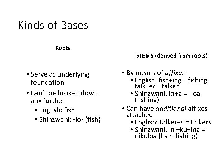 Kinds of Bases Roots STEMS (derived from roots) • Serve as underlying foundation •