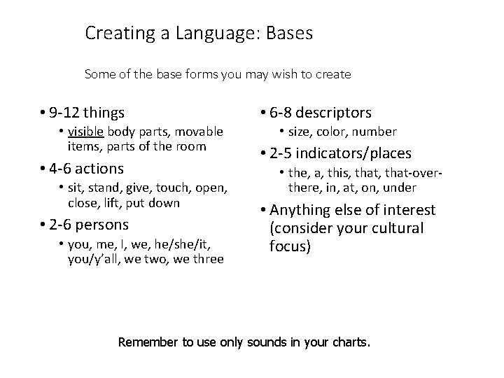 Creating a Language: Bases Some of the base forms you may wish to create
