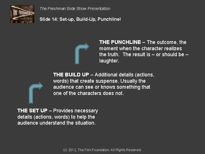 The Freshman Slide Show Presentation Slide 14: Set-up, Build-Up, Punchline! THE PUNCHLINE – The
