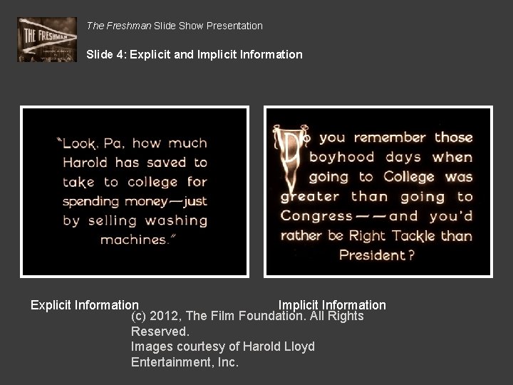 The Freshman Slide Show Presentation Slide 4: Explicit and Implicit Information Explicit Information Implicit