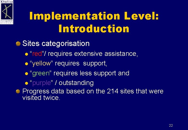 Implementation Level: Introduction Sites categorisation “red”/ requires extensive assistance, l “yellow” requires support, l