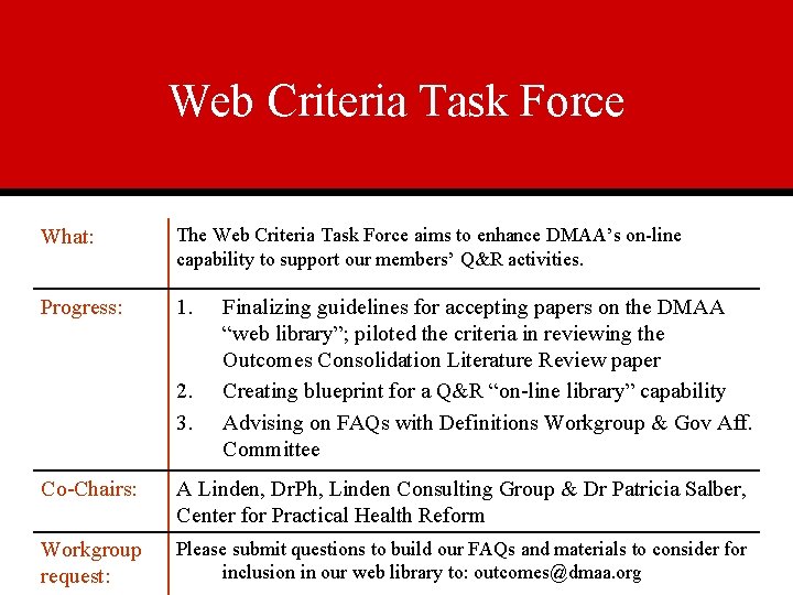 Web Criteria Task Force What: The Web Criteria Task Force aims to enhance DMAA’s