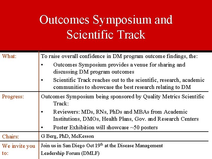 Outcomes Symposium and Scientific Track What: To raise overall confidence in DM program outcome