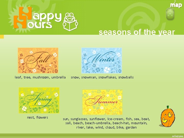 map seasons of the year leaf, tree, mushroom, umbrella nest, flowers snow, snowman, snowflakes,