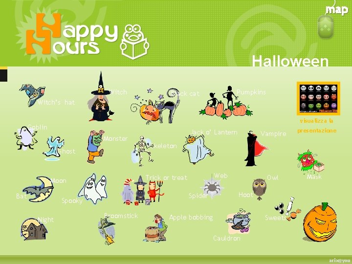 map Halloween Witch Pumpkins Black cat Witch’s hat visualizza la Goblin Monster Ghost Night