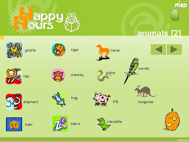 map animals [2] giraffe tiger horse parrot lion elephant bear monkey frog zebra snake