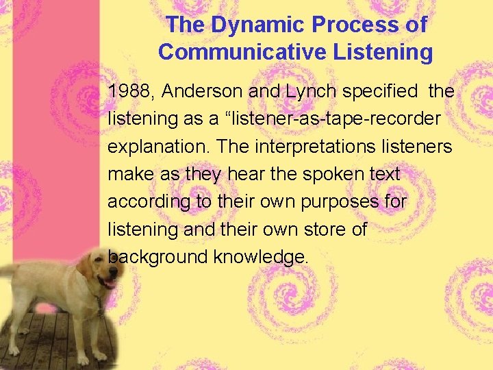 The Dynamic Process of Communicative Listening 1988, Anderson and Lynch specified the listening as