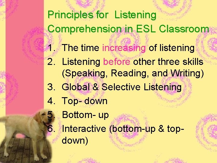 Principles for Listening Comprehension in ESL Classroom 1. The time increasing of listening 2.