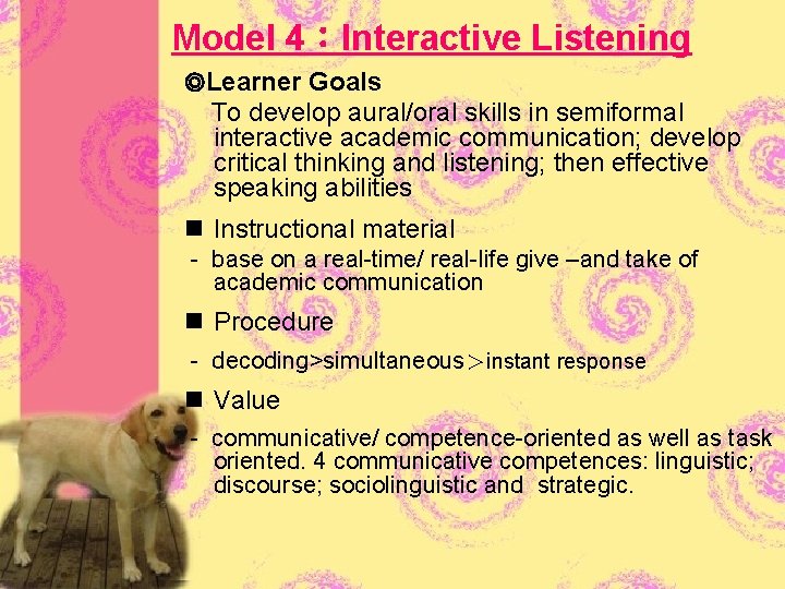 Model 4：Interactive Listening ◎Learner Goals To develop aural/oral skills in semiformal interactive academic communication;