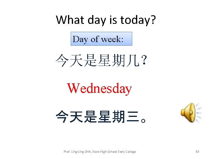 What day is today? Day of week: 今天是星期几？ Wednesday 今天是星期三。 Prof. Ling-Ling Shih, Bard