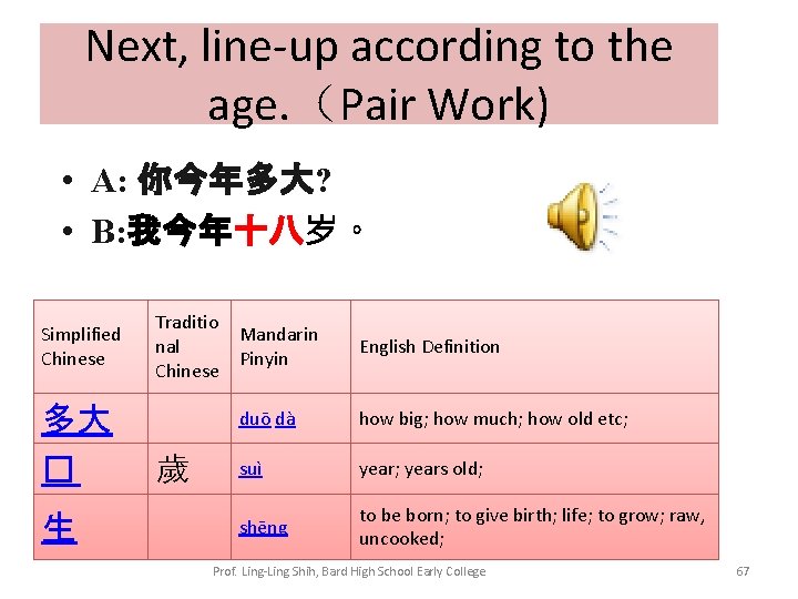 Next, line-up according to the age. （Pair Work) • A: 你今年多大? • B: 我今年十八岁。