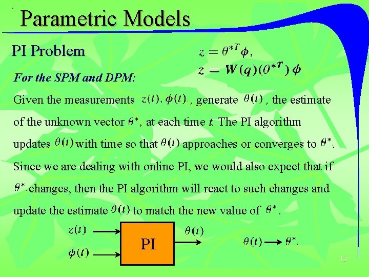 Parametric Models PI Problem For the SPM and DPM: Given the measurements of the