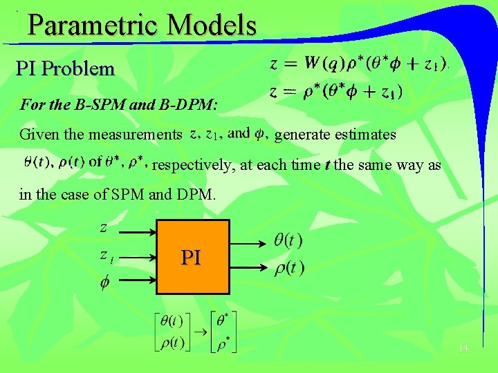 Parametric Models PI Problem For the B-SPM and B-DPM: Given the measurements generate estimates