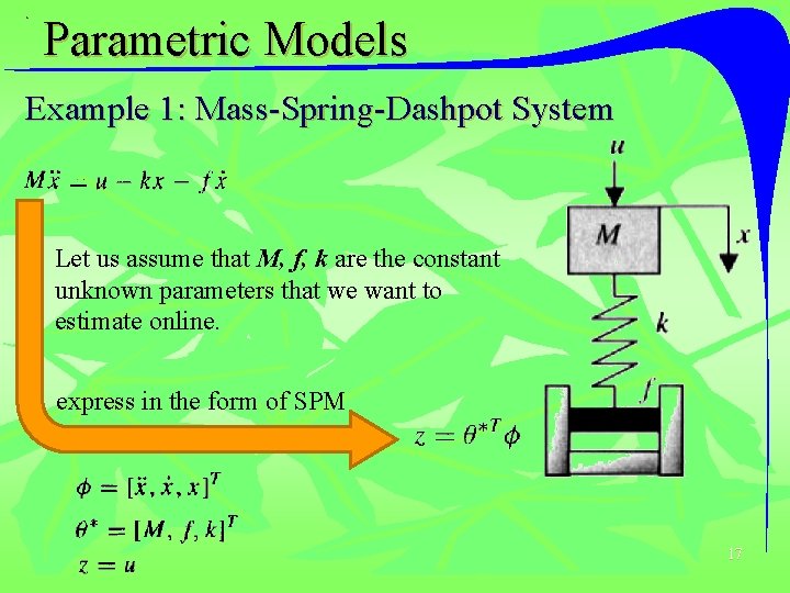 Parametric Models Example 1: Mass-Spring-Dashpot System Let us assume that M, f, k are