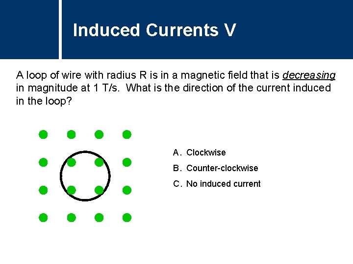 Induced Currents V A loop of wire with radius R is in a magnetic