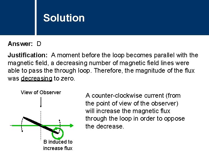 Solution Answer: D Justification: A moment before the loop becomes parallel with the magnetic Solution Answer: D Justification: A moment before the loop becomes parallel with the magnetic