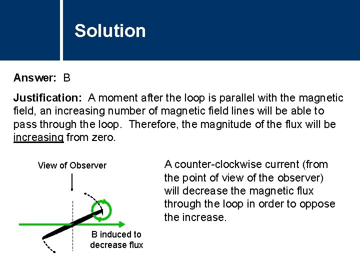 Solution Answer: B Justification: A moment after the loop is parallel with the magnetic Solution Answer: B Justification: A moment after the loop is parallel with the magnetic