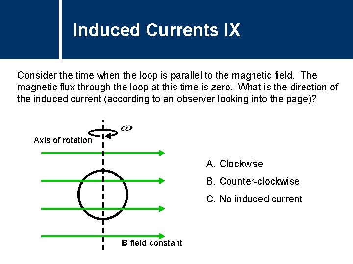 Induced Currents IX Consider the time when the loop is parallel to the magnetic