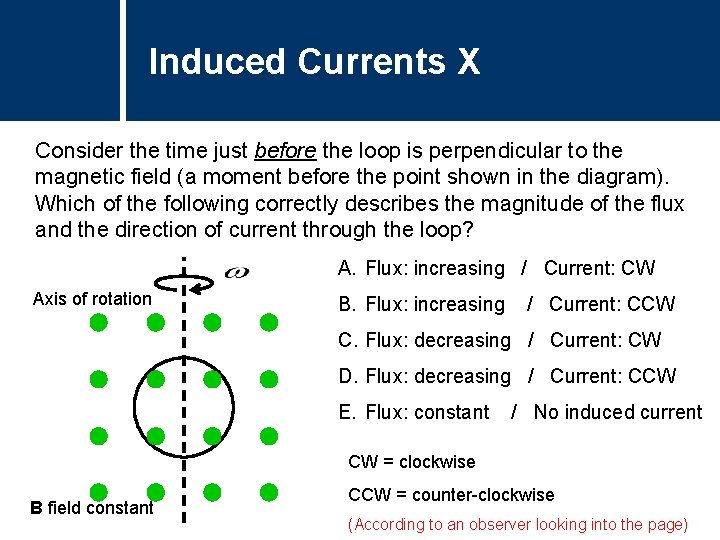 Induced Currents X Consider the time just before the loop is perpendicular to the Induced Currents X Consider the time just before the loop is perpendicular to the