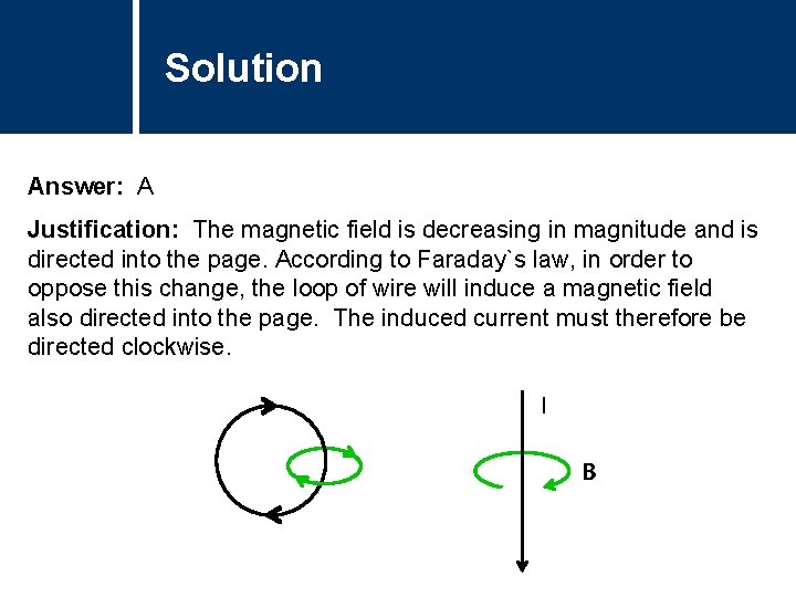 Solution Answer: A Justification: The magnetic field is decreasing in magnitude and is directed