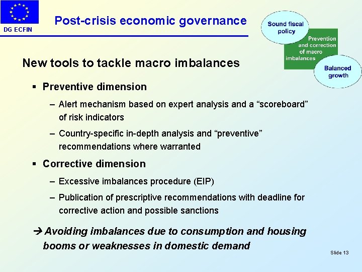 DG ECFIN Post-crisis economic governance New tools to tackle macro imbalances § Preventive dimension
