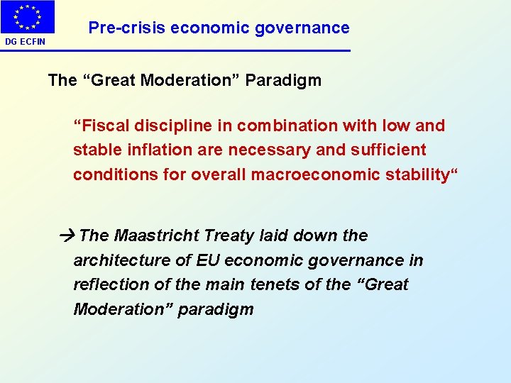 DG ECFIN Pre-crisis economic governance The “Great Moderation” Paradigm “Fiscal discipline in combination with