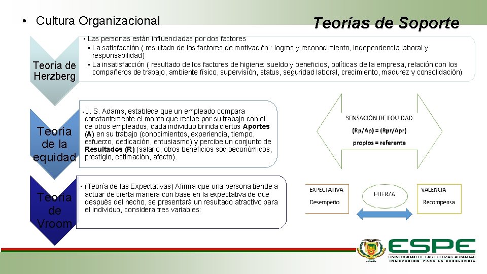  • Cultura Organizacional Teoría de Herzberg • Las personas están influenciadas por dos