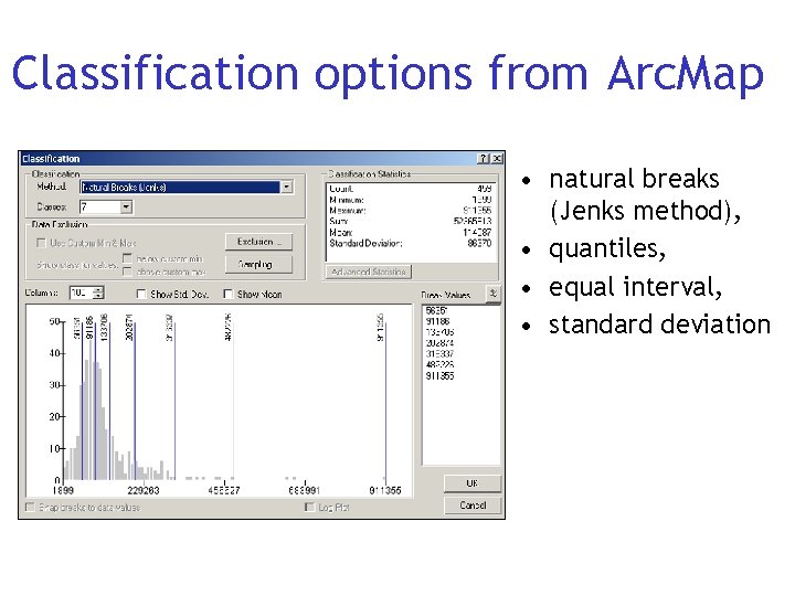 Classification options from Arc. Map • natural breaks (Jenks method), • quantiles, • equal