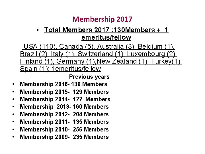 Membership 2017 • Total Members 2017 : 130 Members + 1 emeritus/fellow USA (110),