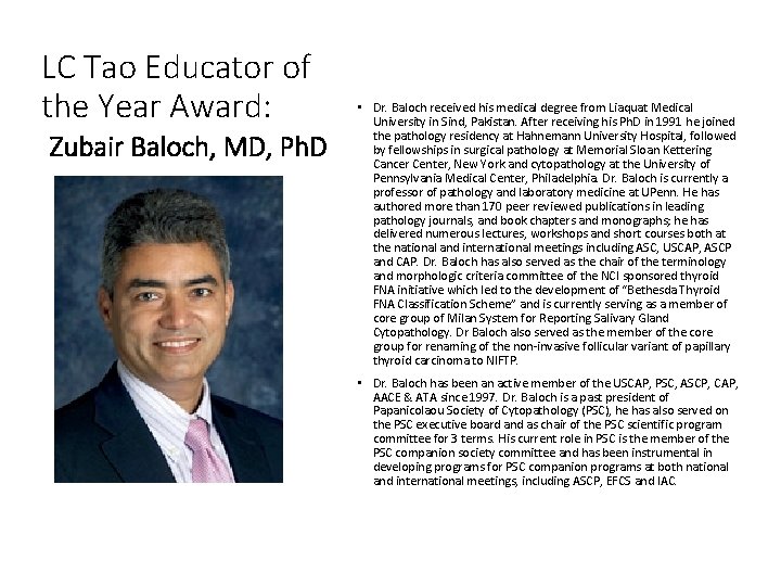 LC Tao Educator of the Year Award: Zubair Baloch, MD, Ph. D • Dr.