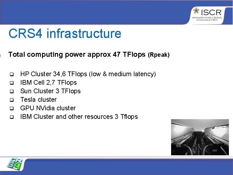 CRS 4 infrastructure Total computing power approx 47 TFlops (Rpeak) HP Cluster 34, CRS 4 infrastructure Total computing power approx 47 TFlops (Rpeak) HP Cluster 34,