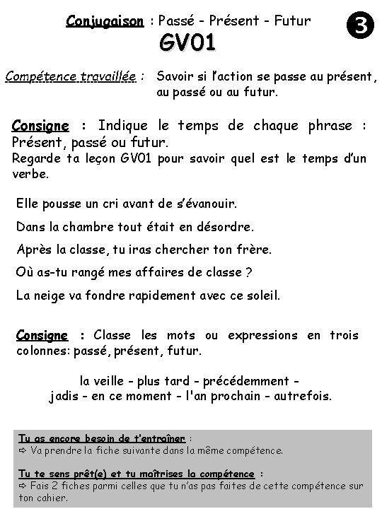 Conjugaison : Passé - Présent - Futur GV 01 Compétence travaillée : Savoir si